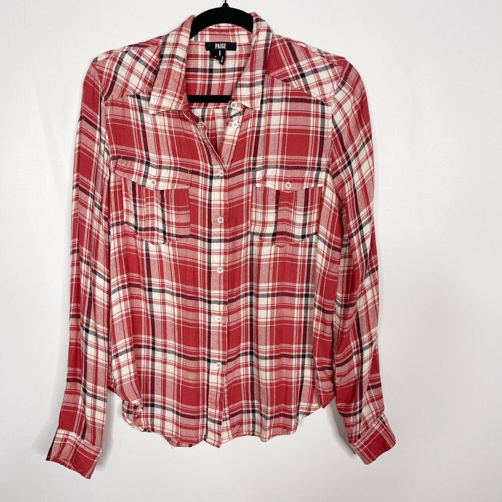 Paige Small S Red Cedar Cream Evening Blue Plaid Long Sleeve Shirt Button Front
